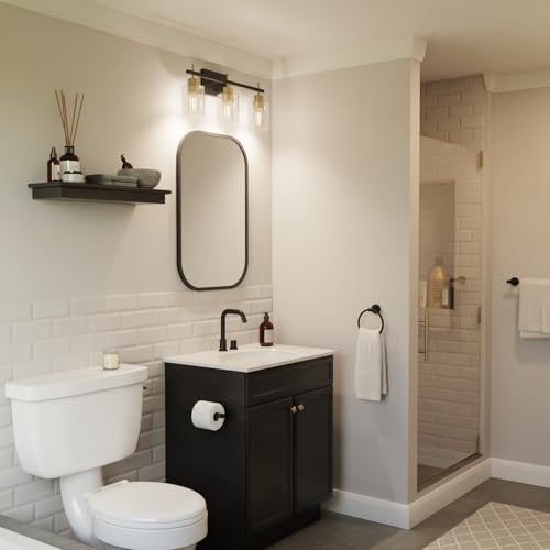 Image of Globe Electric 4-Piece All-in-One Bathroom Set, Matte Black, 3-Light Vanity Light with Clear Glass Shades and Matte Brass Accents, Towel Bar, Toilet Paper Holder, Towel Ring