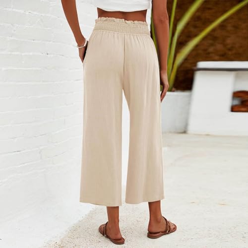 Womens Capri Pants with Pockets High Waist Linen Capris Summer Casual Wide Leg Palazzo Harem Trousers Beach Outfits3