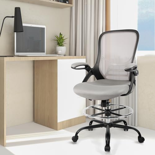 Image of HYLONE Drafting Chair, Tall Office Chair Standing Desk Chair Grey Mesh High-Back Drafting Stool with Flip-Up Arms, Adjustable Foot Ring