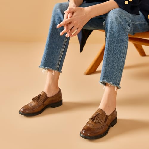 Image of BEAU TODAY Tassel Loafers for Women,Leather Brogue Dress Shoes,Wingtips Oxford for Women,Breathable Comfortable Slip-on Lace-up Handmade Flat Shoes for Business Work
