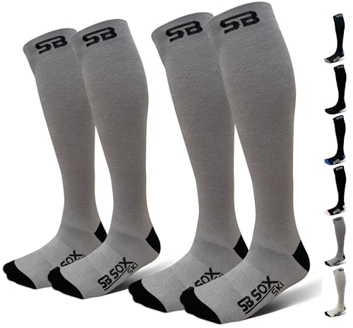 SB SOX Merino Wool Ski Socks for Men & Women - Knee-High Socks Ideal for Winter Sports - Warmth and Comfort for All-Day Wear (Large, Gray/Black (2-Pack))