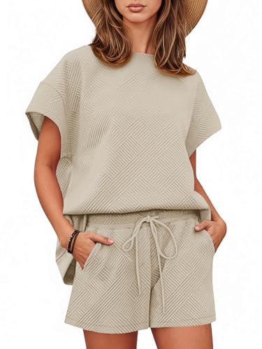 Tankaneo Loungewear-Set für Damen, kurzärmelig, Tops und Shorts, 2-teiliges Outfit, passendes Lounge-Pyjama-Set mit Taschen, Hellkhaki