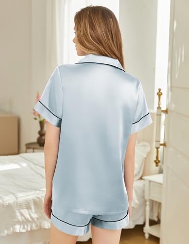 Image of Silk Pajamas for Women Short Sleeve Sleepwear Soft Button Down Loungewear 2 Piece Satin Pjs Shorts Set S-XXL