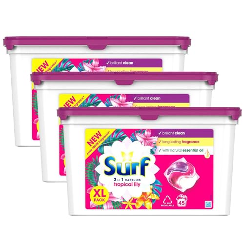 Surf 3-in-1 Tropical Lily Washing Detergent Capsules Brilliant Clean Long Lasting Fragrance and Made with Natural Essential Oil Laundry Detergent XL Pack, 45 Washes (Buy 3)