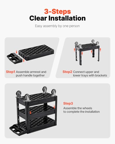 Image of VEVOR Utility Cart, 3-Tier Plastic Service Cart with 550LBS Capacity, 360 Swivel Casters (Including 2 Locking Wheels), Medium Lipped Shelves, Ergonomic Handle, for Garage, Warehouse, Cleaning Tasks | Utility Cart with 360 Swivel Casters (2 Locking Wheels) & Ergonomic Handle, Rolling Cart for Garage, Warehouse & Cleaning
