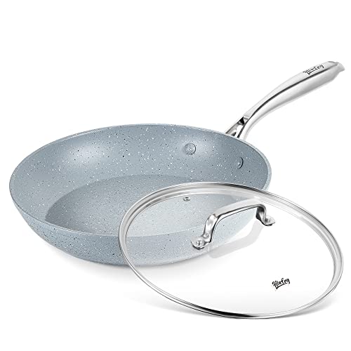 Image of HLAFRG 12 Inch Nonstick Frying Pan with Lid, Blue Marble Skillet with Stone-Derived Coating, APEO & PFOA Free, With Soft-touch Ergonomic Handle, Oven Safe and Induction Compatible