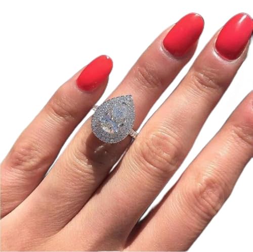 Xunuo Platinum Plated CZ Pear Shaped Cubic Zirconia Crystal Halo Wedding Teardrop Shaped Ring for Women Sizes 6 to 10 (US Size 10)