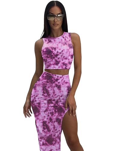 Image of ELLEVEN Two Piece Maxi Skirt Sets Summer 2 Piece Dress Outfits Sexy High Slit Long Skirt and Sleeveless Crop Top for Women Going Out Bodycon Purple Tie Dye X-Small