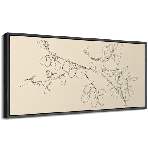Image of MUDECOR Extra Large Framed Canvas Print Wall Art Simple Line Art Birds on Branch Botanical Minimalist Antique Retro Ready to Hang Painting for Living Room Bedroom Multi-Sizes - 60 inchx30 inch