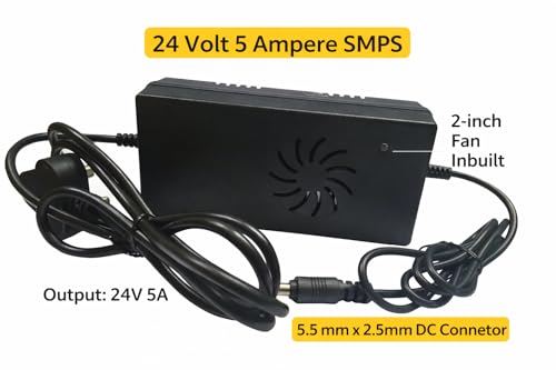 Image of Candid 24V 5A Power Supply Adapter with 2.5mm Jack | 120W SMPS AC-DC Converter with Cooling Fan | 1M Cable, 3-Pin Plug | High Efficiency 85% | 2 Year Warranty