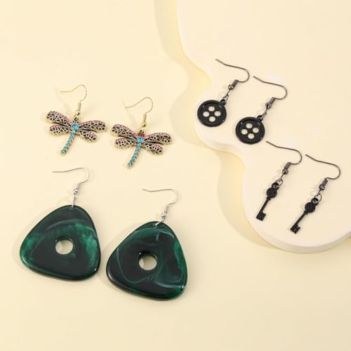 4 Pairs Caroline Earrings Costume Accessories Set Include Button Dragonfly Key and Seeing Stone Horror Movie Caroline Drop Dangle Jewelry Halloween Gifts for Women Fans Cosplay3