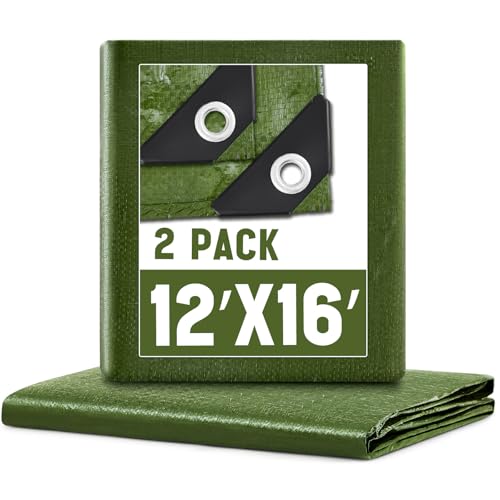 Image of 2 Pack 12 x 16 ft 5.5 Mil Large Tarps Heavy Duty Waterproof Tarp Multi Purpose Tent Cover for Home Boats Cars Camping Patio Furniture Roof Emergency Rain Protective Cover, Army Green