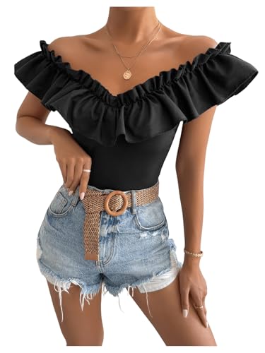 OYOANGLE Women's Flounce Sleeve Elegant Off Shoulder Ruffle Trim Crop Tee Casual T Shirt Top4