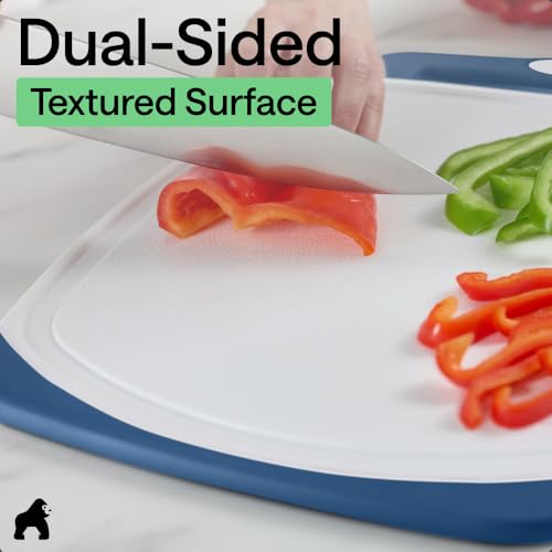 Image of GORILLA GRIP BPA-Free Reversible Kitchen Cutting Board Set of 3, US Designed, Nonporous, Juice Grooves Catch Liquid, Slip Resistant Border, Dishwasher Safe, Durable Large Food Chopping Boards, Blue