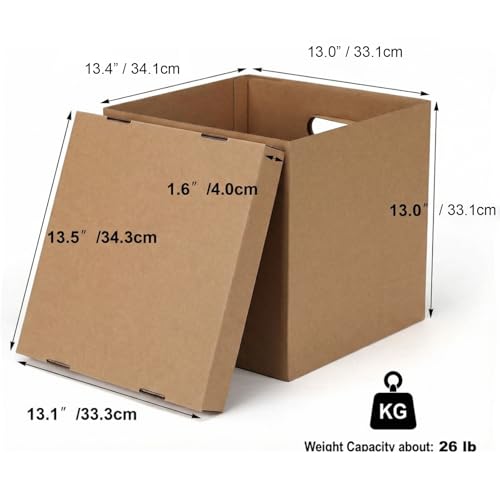 Image of Schliersee Moving Boxes Set of 7, 13.4x13x13 Brown Square Corrugated Record Boxes Reinforced Handles with Removable Lid for Storage, Packaging, Moving, Carrying