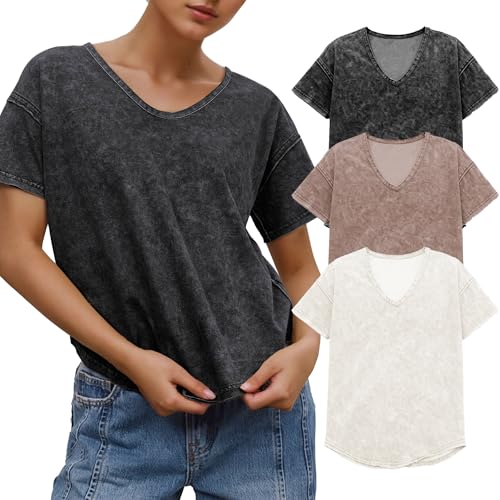 VATEAMI Womens Vintage Acid Wash Oversized T-Shirts Casual V Neck