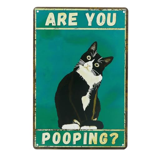 Plaque Métal Vintage Décoration Amusante de Chat Noir 20 x 30 cm, Panneau pour Salle de Bain et Toilettes