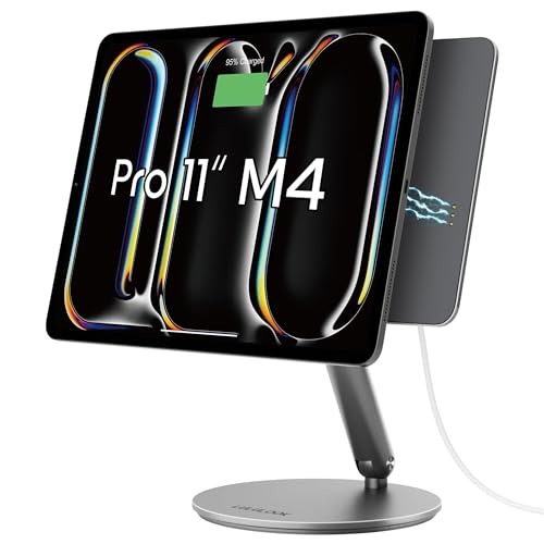 LULULOOK Magnetic Wireless Charging Stand for iPad Pro 11" M4 & M5, 360° Rotating Base with Anti-Slip Pad, Aluminium Alloy Foldable iPad Pro Stand Tablet Holder for Desk, USB C Cable Included by LULULOOK - Used condition - US$58.29