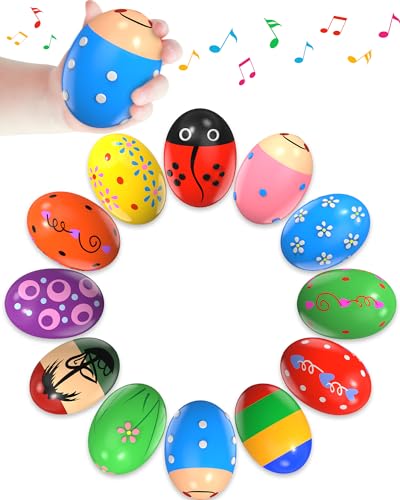 Image of 12 Pack Wooden Percussion Musical Shaker Prefilled Easter Eggs with Toys Inside Filled, Toddlers Easter Basket Stuffers Egg Fillers Montessori Toys Gifts for Kids Boys Girls Babies