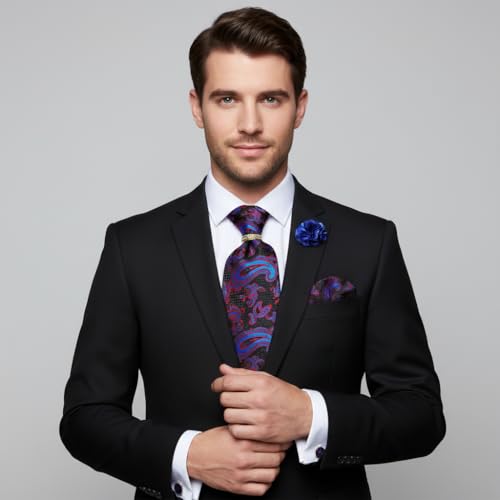 Image of 5PCS Mens Silk Tie, Pocket Square, Cufflinks, Drilled Tie Ring and Lapel Pin Set for Wedding Groom Party
