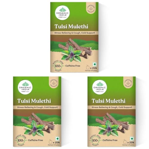 Image of A TATA Product - Organic India Tulsi Mulethi - 25 Tea Bags, Rich in Antioxidants, Eases Cough & Cold Symptoms, Stress Relieving, Boosts Immunity, Caffeine-Free, Whole Herbs Certified Organic