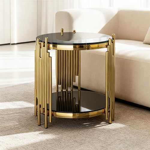 staronce Mesa de centro redonda 45 x 45 x 55 cm de cristal, 2 niveles, marco de acero inoxidable dorado con espacio de almacenamiento, ahorra espacio, color negro y dorado