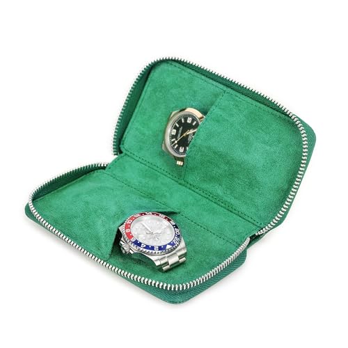 Image of CONTACT'S FAMILY Genuine Leather Watch Box Watches Organizer 2 Slot Zipper Watch Holder Pouch for Travel Vintage Watches Case and Storage Bag (Green)