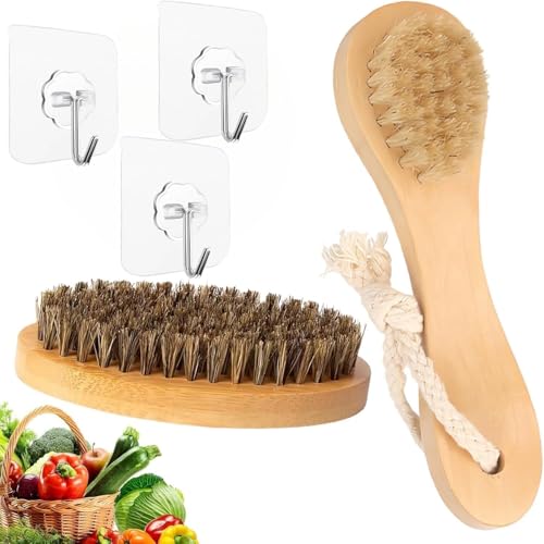 Spazzola per Verdure 5 Pezzi Spazzola per Lavare i Piatti Spazzole da Cucina Spazzola Setole Naturali Maniglia Ergonomica per Pulire Verdure, Frutta E Utensili da Cucina