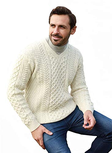 Traditional Men's 100% Pure Merino Wool Knit Irish Aran V-Neck Sweater Natural Made in Ireland2