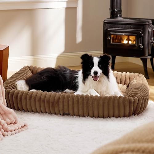 BEDSURE waschbares Hundebett für große Hunde - 109x76x20cm weicher orthopädischer Hundekorb mit bequemem Fleece-Bezug, rutschfestes Hundebett mit hohem Rand in braun