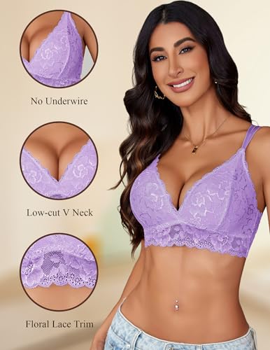Image of Avidlove Bras for Women Floral Lace Bralettes Deep V Sexy Bras Cross Back Longline Bralette No Padded