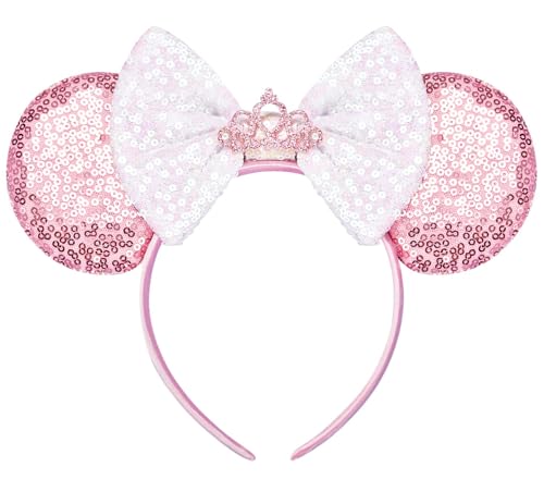YUNISS Sparkle Mouse Ears Headband for Women & Girls Princess Costume Cosplay Lightweight Cartoon Ear Headbands for Halloween Christmas Party Decoration (TG-pink Crown)