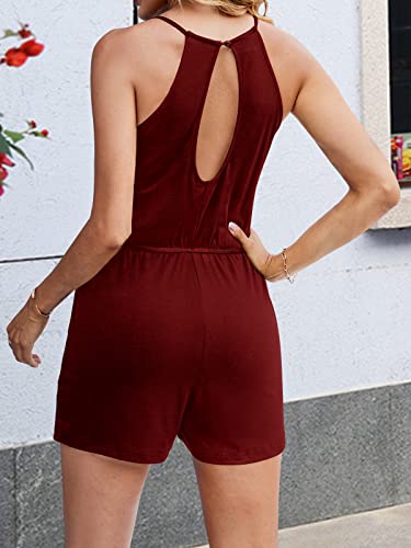 Zesica Women's Summer Sleeveless Halter Neck Solid Color Knot Front Short Jumpsuit Romper With Pockets,Wine,Medium #TOP2