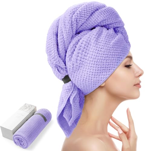 Image of YFONG X-Large Hair Towel Wrap for Women, Super Absorbent Microfiber Hair Towel for Curly Hair, Fast Drying Hair Turbans with Elastic,Hair Drying Towel Wrap for Hair Care 30 inch X 40 inch (Purple)