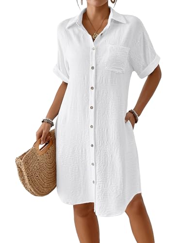 Bsubseach Womens Swimsuit Cover Up Long Button Down Bathing Suit Cover Ups Short Sleeve Summer Beach Shirt Maxi Dress with Pockets White M