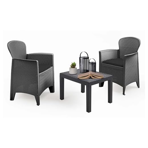 idooka Plastic Garden Table and Chairs Tea for 2 Bistro Set Rattan Wicker Effect, Anthracite Grey Side Coffee Table and Chairs Set, Perfect for Patio, Balcony and Conservatory, 2 Seater, 3 Piece