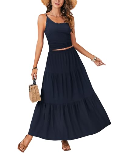 Vrtige Women's 2 Piece Outfits Spaghetti Strap Cami Crop Top and A Line Maxi Skirt Set2