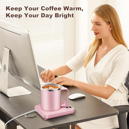Image of Felibeaco 16oz Heated Coffee Mug with Flat Bottom for Rapid Heating, Stainless Steel Heated Coffee Cup Suitable for Different Coffee Mug Warmer /Heaters, Heated Mug /Cup for Home and Office Desk,Pink