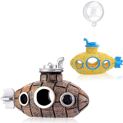 Image of 2pcs Floating Fish Tank Decoration, Little Cute Retro Submarine Aquarium Decoration with Float Balls, Safe Fish Toy for Goldfish Shrimps Hermit Crabs