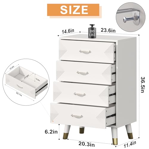 Bigbiglife Dresser for Bedroom, 4 Drawer Chest of Drawers, 36 Inch Tall White Dresser with Metal Handle and Wood Legs, Modern Storage Organizer Nightstand for Bedroom Living Room Hallway