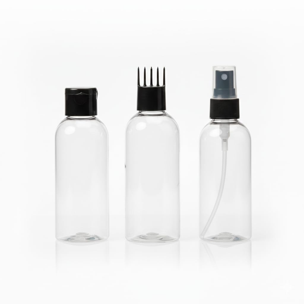 ERZA Empty Hair Care Bottle Set | Flip Cap, Hair Oil Comb Applicator & Spray Bottle | Refillable Leak-Proof Containers for Home & Salon Use (Pack of 3)