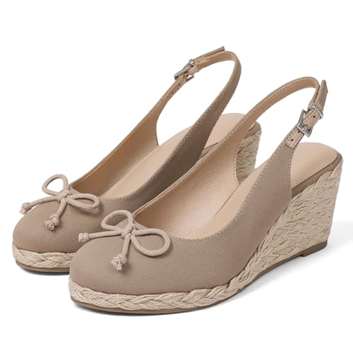 EQAUDES Wedges Sandal Closed Toe Espadrilles Slingback Adjustable Strap - Platform Bow Summer Raffia Casual Wedding Shoes