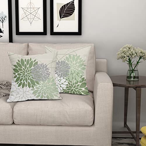 Sage Green Dahlia Pillow Covers 18X18 Inch Spring Geometric Floral Elegant Line Modern Flower Pillow Case Farmhouse Outdoor Decor For Home Bedroom Living Room Linen Square Cushion Cover, Set Of 2 #TOP7