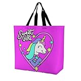 DispRa Wiederverwendbare Einkaufstaschen, wiederverwendbare Einkaufstaschen, faltbar mit Griffen, Einkaufstasche, strapazierfähig, für Lebensmittel, rosa Einhorn bedruckt, Rosa, Einhorn, 40x40x16cm