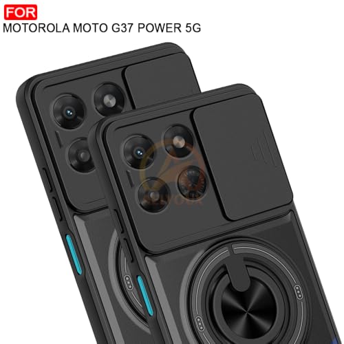 Image of Motorola Moto G37 Power 5G Back Cover | Armor Camera Slider 360 Degree Rotating Finger Ring Holder Case with Bracket Stand Back Case Cover (Compatible with MagSafe Accessories) (Black)