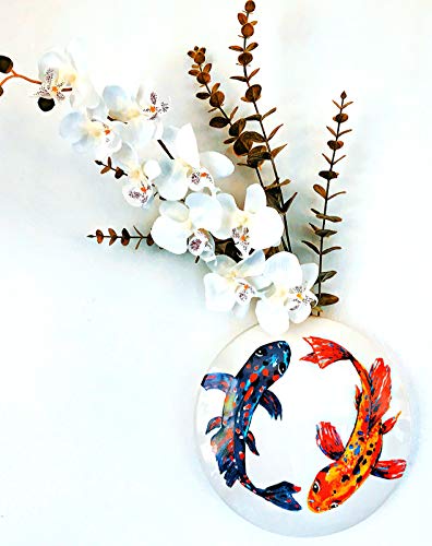 White Ceramic Koi Wall Vase Wall Art Bathroom Wall Decor Bedroom Wall Decor Wall Planters with Koi Fish Hand Painted Design for Decorative Flower Display, Fake Plants Size 9 Inch