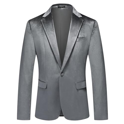 Mens Grey Velvet Blazer Jacket Slim Fit Dress Tuxedo Suit Jacket One Button Notch Lapel for Dinner Party Prom Wedding Sports Coat