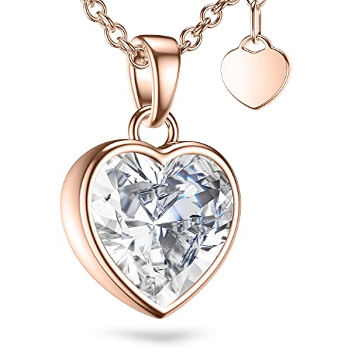 Collier Cœur Femme Or Rose en Argent 925 avec Pendentif Zircon et Chaîne 45cm