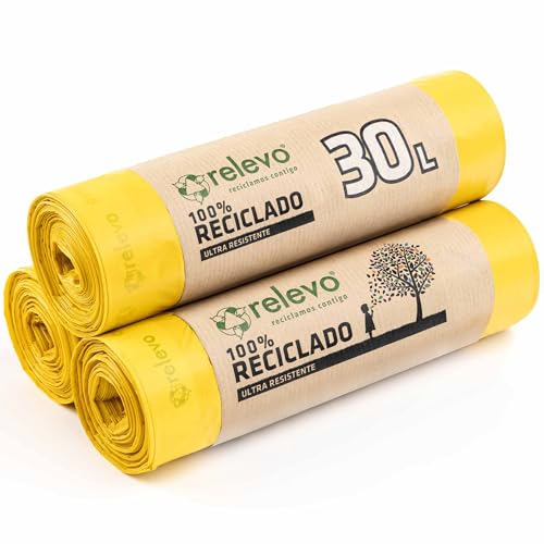 Relevo Sacs Poubelle Jaunes avec Liens Coulissants – 30L (Largeur 55 cm x Hauteur 60 cm), 45 Sacs (3 Rouleaux × 15 Sacs) | Sacs Poubelle Extra Résistants |...