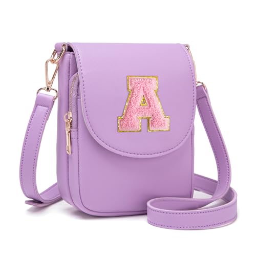 Viverte Crossbody Purse for Teen Girls Small Initial Cell Phone Toddler Purse Leather Triple Compartment Crossbody Bags Personalized Gifts for Teen Girls Preppy Cute Stuff (Lavender A)